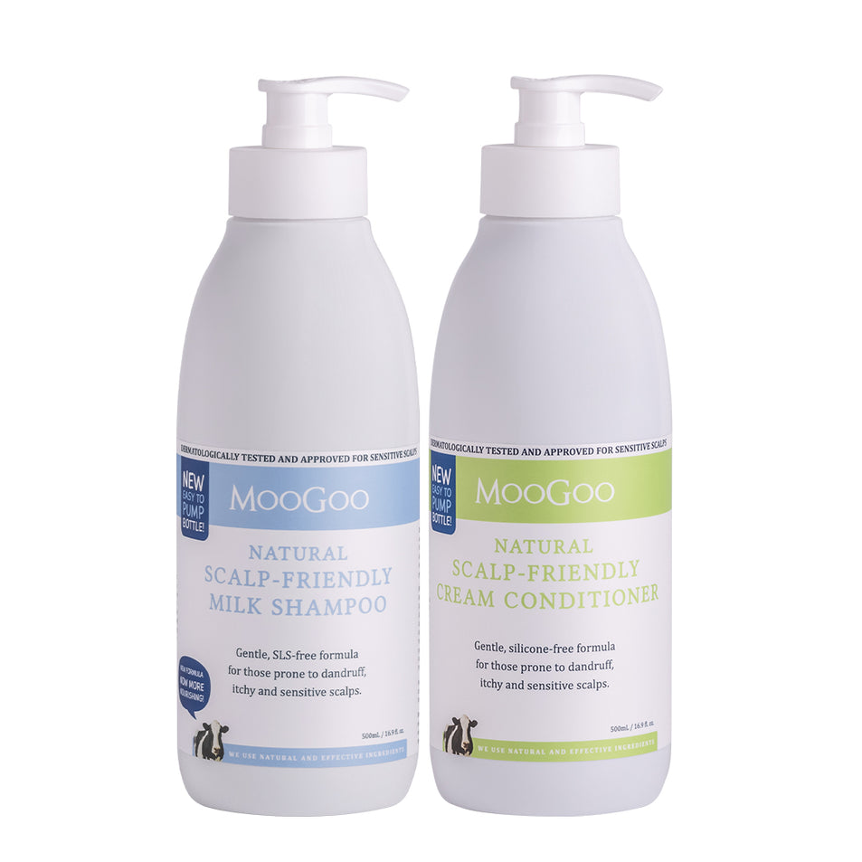 MooGoo Scalp-Friendly Milk Shampoo and Conditioner photographed on plain background, natural scalp care duo for dry, flaky, irritated skin.